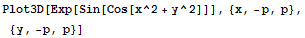 Plot3D[Exp[Sin[Cos[x^2 + y^2]]], {x, -p, p}, {y, -p, p}]