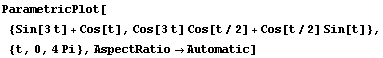 ParametricPlot[{Sin[3t] + Cos[t], Cos[3t] Cos[t/2] + Cos[t/2] Sin[t]}, {t, 0, 4Pi}, AspectRatio→Automatic]