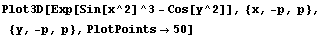 Plot3D[Exp[Sin[x^2]^3 - Cos[y^2]], {x, -p, p}, {y, -p, p}, PlotPoints→50]