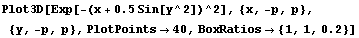 Plot3D[Exp[-(x + 0.5Sin[y^2])^2], {x, -p, p}, {y, -p, p}, PlotPoints→40, BoxRatios→ {1, 1, 0.2}]