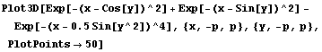 Plot3D[Exp[-(x - Cos[y])^2] + Exp[-(x - Sin[y])^2] - Exp[-(x - 0.5Sin[y^2])^4], {x, -p, p}, {y, -p, p}, PlotPoints→50]
