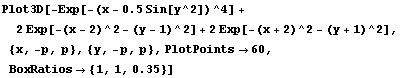 Plot3D[-Exp[-(x - 0.5Sin[y^2])^4] + 2Exp[-(x - 2)^2 - (y - 1)^2] + 2Exp[-(x + 2)^2 - (y + 1)^2], {x, -p, p}, {y, -p, p}, PlotPoints→60, BoxRatios→ {1, 1, 0.35}]