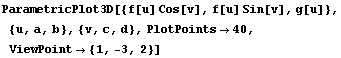 ParametricPlot3D[{f[u] Cos[v], f[u] Sin[v], g[u]}, {u, a, b}, {v, c, d}, PlotPoints→40, ViewPoint→ {1, -3, 2}]