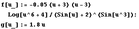 f[u_] := -0.05 (u + 3) (u - 3) Log[u^6 + 4]/(Sin[u] + 2)^(Sin[u^3]) ; g[u_] := 1.8u