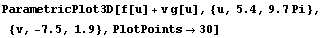 ParametricPlot3D[f[u] + v g[u], {u, 5.4, 9.7Pi}, {v, -7.5, 1.9}, PlotPoints→30]