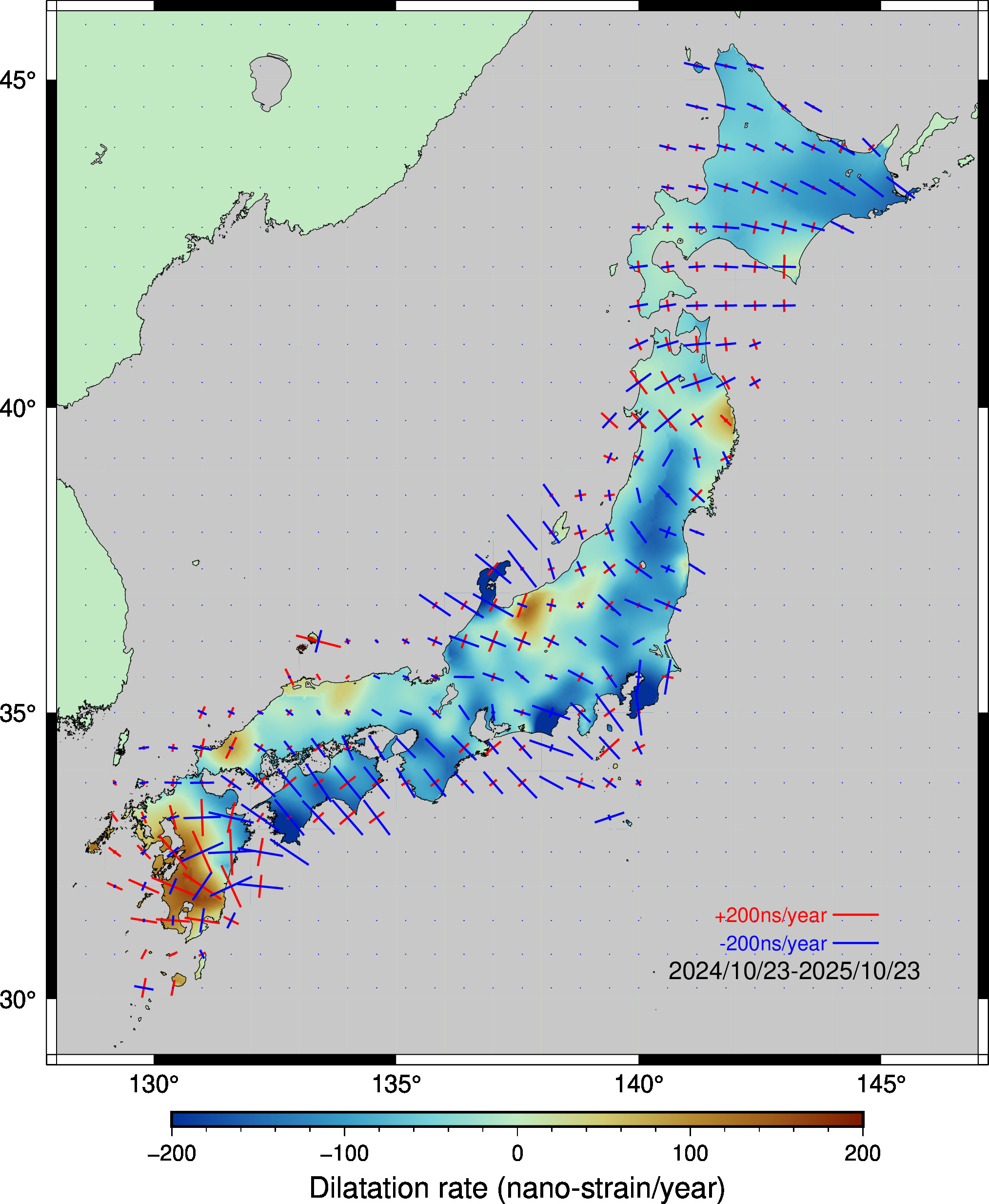 日本列島の面積歪速度分布
