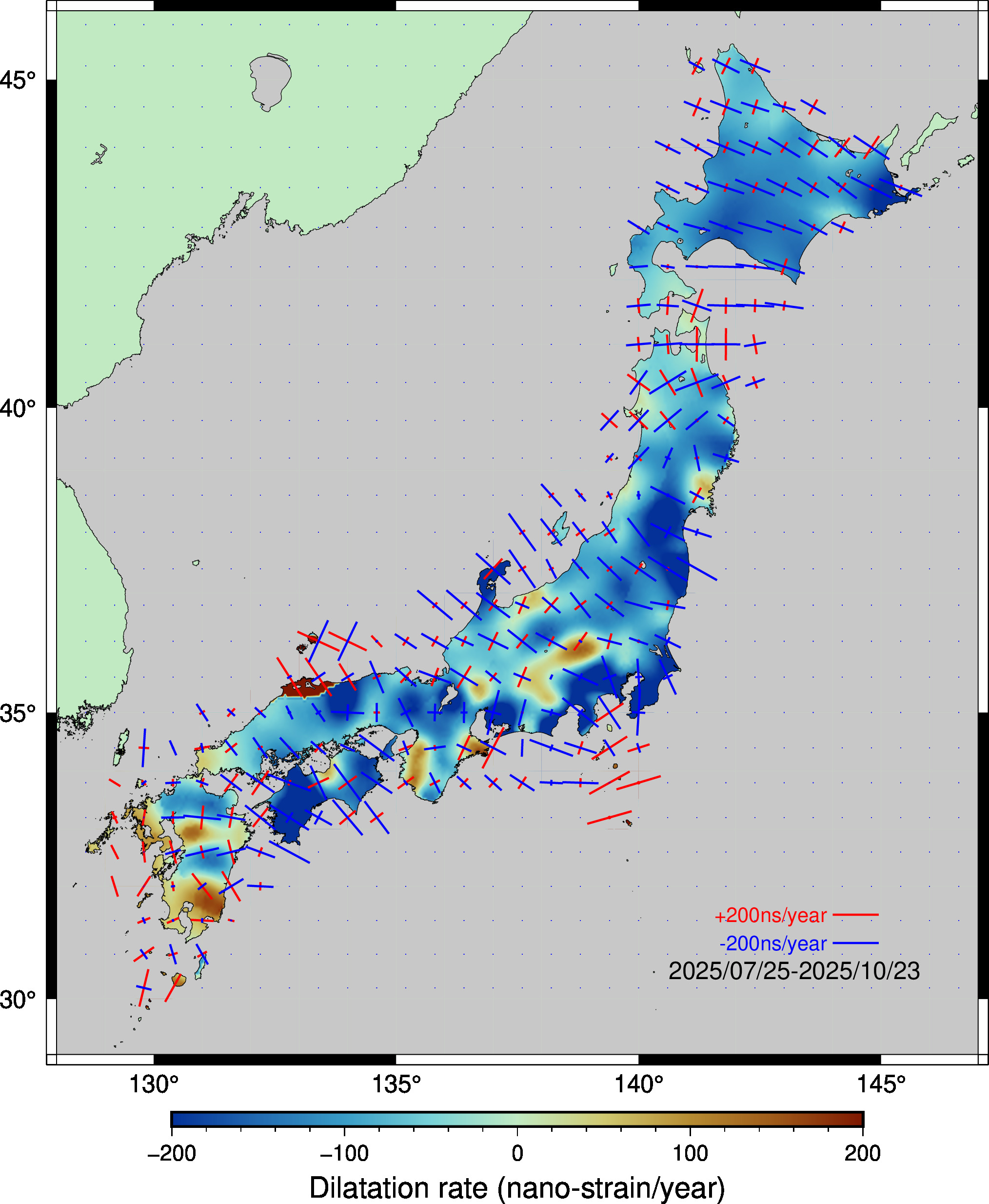 日本列島の面積歪速度分布