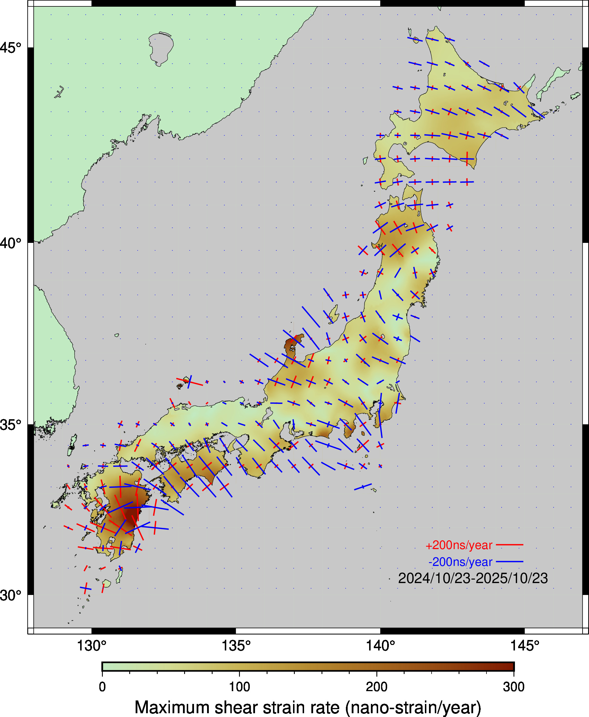 日本列島の最大剪断歪速度分布