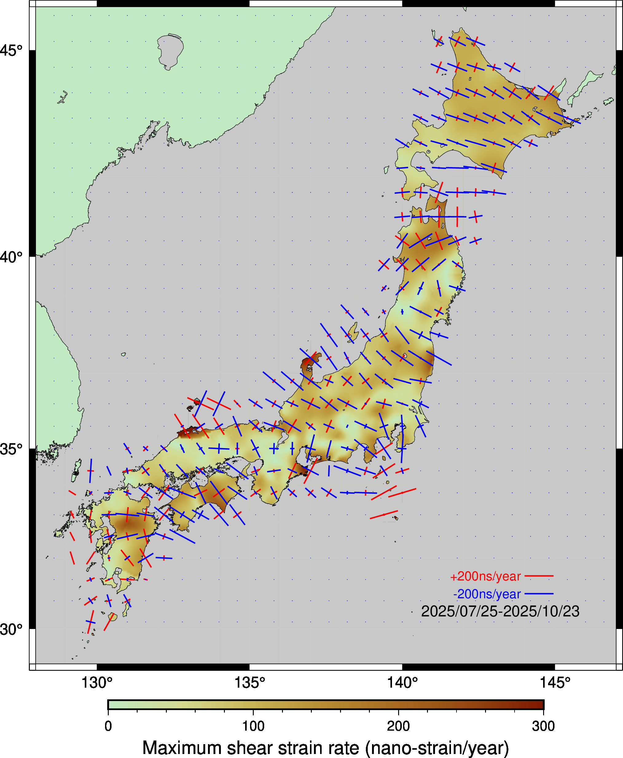 日本列島の最大剪断歪速度分布