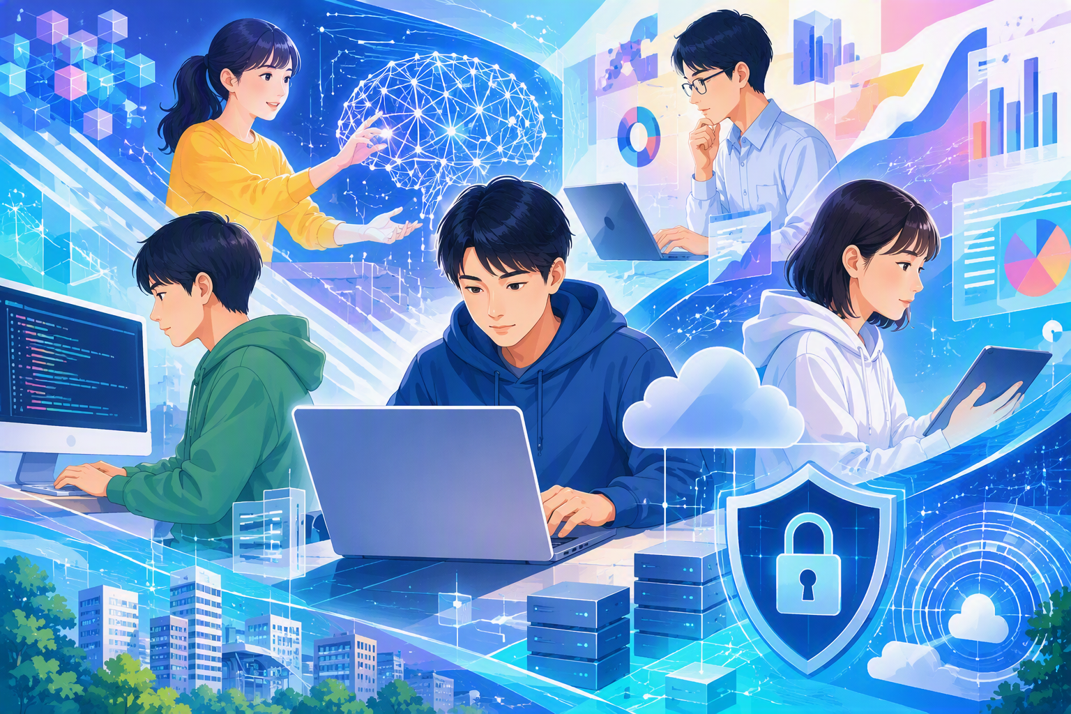 AI、データサイエンス、ソフトウェア、セキュリティを学ぶ様子を表す生成画像