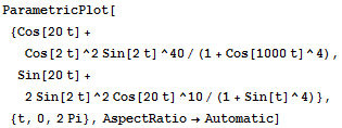 ParametricPlot[{Cos[20t] + Cos[2t]^2Sin[2t]^40/(1 + Cos[1000t]^4), Sin[20t] + 2Sin[2t]^2Cos[20t]^10/(1 + Sin[t]^4)}, {t, 0, 2Pi}, AspectRatio→Automatic]