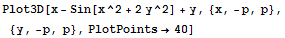 Plot3D[x - Sin[x^2 + 2y^2] + y, {x, -p, p}, {y, -p, p}, PlotPoints→40]