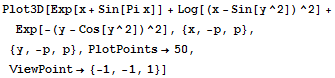 Plot3D[Exp[x + Sin[Pi x]] + Log[(x - Sin[y^2])^2] + Exp[-(y - Cos[y^2])^2], {x, -p, p}, {y, -p, p}, PlotPoints→50, ViewPoint→ {-1, -1, 1}]