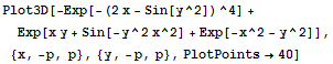 Plot3D[-Exp[-(2x - Sin[y^2])^4] + Exp[x y + Sin[-y^2 x^2] + Exp[-x^2 - y^2]], {x, -p, p}, {y, -p, p}, PlotPoints→40]