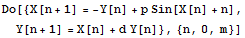 Do[{X[n + 1] = -Y[n] + p Sin[X[n] + n], Y[n + 1] = X[n] + d Y[n]}, {n, 0, m}]