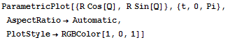 ParametricPlot[{R Cos[Q], R Sin[Q]}, {t, 0, Pi}, AspectRatio→Automatic, PlotStyle→RGBColor[1, 0, 1]]