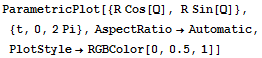 ParametricPlot[{R Cos[Q], R Sin[Q]}, {t, 0, 2Pi}, AspectRatio→Automatic, PlotStyle→RGBColor[0, 0.5, 1]]