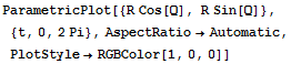 ParametricPlot[{R Cos[Q], R Sin[Q]}, {t, 0, 2Pi}, AspectRatio→Automatic, PlotStyle→RGBColor[1, 0, 0]]