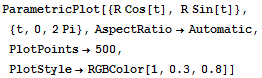 ParametricPlot[{R Cos[t], R Sin[t]}, {t, 0, 2Pi}, AspectRatio→Automatic, PlotPoints→500, PlotStyle→RGBColor[1, 0.3, 0.8]]
