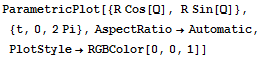 ParametricPlot[{R Cos[Q], R Sin[Q]}, {t, 0, 2Pi}, AspectRatio→Automatic, PlotStyle→RGBColor[0, 0, 1]]