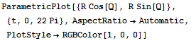 ParametricPlot[{R Cos[Q], R Sin[Q]}, {t, 0, 22Pi}, AspectRatio→Automatic, PlotStyle→RGBColor[1, 0, 0]]
