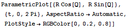 ParametricPlot[{R Cos[Q], R Sin[Q]}, {t, 0, 2Pi}, AspectRatio→Automatic, PlotStyle→RGBColor[0, 0.2, 0.8]]