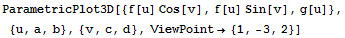 ParametricPlot3D[{f[u] Cos[v], f[u] Sin[v], g[u]}, {u, a, b}, {v, c, d}, ViewPoint→ {1, -3, 2}]