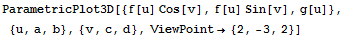 ParametricPlot3D[{f[u] Cos[v], f[u] Sin[v], g[u]}, {u, a, b}, {v, c, d}, ViewPoint→ {2, -3, 2}]