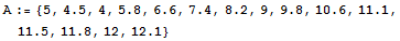 A := {5, 4.5, 4, 5.8, 6.6, 7.4, 8.2, 9, 9.8, 10.6, 11.1, 11.5, 11.8, 12, 12.1}