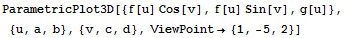 ParametricPlot3D[{f[u] Cos[v], f[u] Sin[v], g[u]}, {u, a, b}, {v, c, d}, ViewPoint→ {1, -5, 2}]