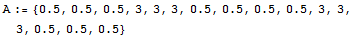 A := {0.5, 0.5, 0.5, 3, 3, 3, 0.5, 0.5, 0.5, 0.5, 3, 3, 3, 0.5, 0.5, 0.5}