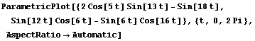 ParametricPlot[{2Cos[5t] Sin[13t] - Sin[18t], Sin[12t] Cos[6t] - Sin[6t] Cos[16t]}, {t, 0, 2Pi}, AspectRatio→Automatic]