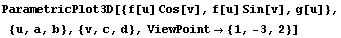 ParametricPlot3D[{f[u] Cos[v], f[u] Sin[v], g[u]}, {u, a, b}, {v, c, d}, ViewPoint→ {1, -3, 2}]