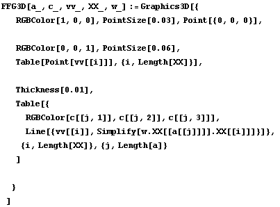 FFG3D[a_, c_, vv_, XX_, w_] := Graphics3D[{ RGBColor[1, 0, 0], PointSize[0.03], Point[{0, 0, 0 ... ,  Line[{vv[[i]], Simplify[w . XX[[a[[j]]]] . XX[[i]]]}]},  {i, Length[XX]}, {j, Length[a]} ]  } ]