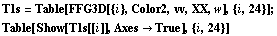 T1s = Table[FFG3D[{i}, Color2, vv, XX, w], {i, 24}] ; Table[Show[T1s[[i]], Axes -> True], {i, 24}] 