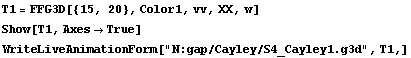 T1 = FFG3D[{15, 20}, Color1, vv, XX, w] Show[T1, Axes -> True] WriteLiveAnimationForm["N:gap/Cayley/S4_Cayley1.g3d", T1,] 