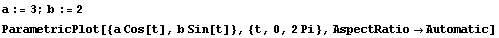 a := 3 ; b := 2 ParametricPlot[{a Cos[t], b Sin[t]}, {t, 0, 2 Pi}, AspectRatio -> Automatic] 