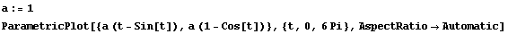 a := 1 ParametricPlot[{a (t - Sin[t]), a (1 - Cos[t])}, {t, 0, 6 Pi}, AspectRatio -> Automatic] 