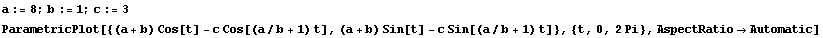 a := 8 ; b := 1 ; c := 3 ParametricPlot[{(a + b) Cos[t] - c Cos[(a/b + 1) t], (a + b) Sin[t] - c Sin[(a/b + 1) t]}, {t, 0, 2 Pi}, AspectRatio -> Automatic] 