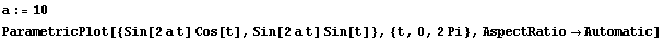 a := 10 ParametricPlot[{Sin[2 a t] Cos[t], Sin[2 a t] Sin[t]}, {t, 0, 2 Pi}, AspectRatio -> Automatic] 