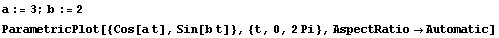 a := 3 ; b := 2 ParametricPlot[{Cos[a t], Sin[b t]}, {t, 0, 2 Pi}, AspectRatio -> Automatic] 