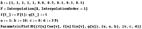 A := {1, 1, 1, 1, 1, 0.8, 0.5, 0.3, 0.3, 0.3} F = Interpolation[A, InterpolationOrder -> 1] ...  10 ; c := 0 ; d := 2 Pi ParametricPlot3D[{f[u] Cos[v], f[u] Sin[v], g[u]}, {u, a, b}, {v, c, d}] 