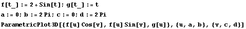 f[t_] := 2 + Sin[t] ; g[t_] := t a := 0 ; b := 2 Pi ; c := 0 ; d := 2 Pi ParametricPlot3D[{f[u] Cos[v], f[u] Sin[v], g[u]}, {u, a, b}, {v, c, d}] 