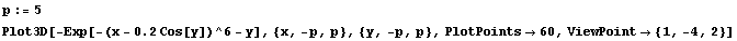 p := 5 Plot3D[-Exp[-(x - 0.2 Cos[y])^6 - y], {x, -p, p}, {y, -p, p}, PlotPoints -> 60, ViewPoint -> {1, -4, 2}] 
